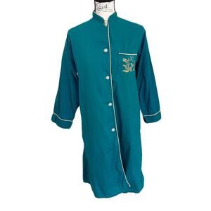 Vintage 70s Button Down Night Shirt Embroidered Dragon Kimono Nightgown FLAWED